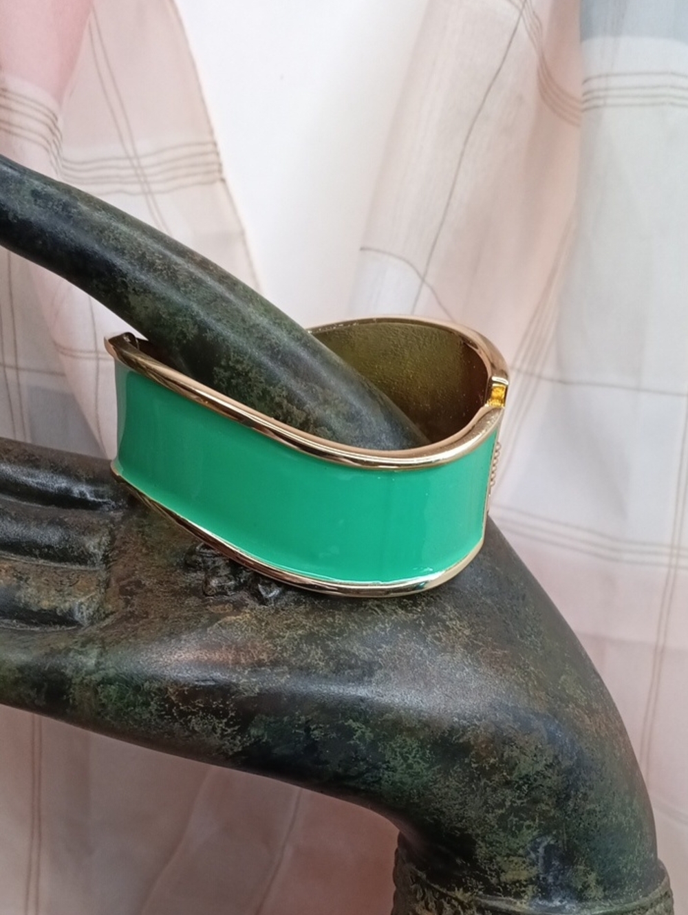 Asymmetrical Green Enamel Gold-Tone Wide Hinged Bangle Bracelet